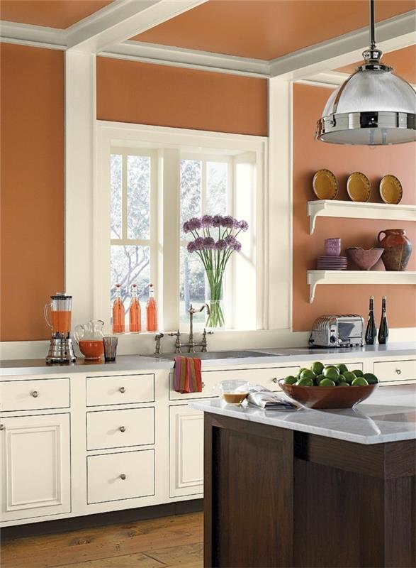 ιδέες διαβίωσης κουζίνα ήπιο χρώμα τοίχου λευκά ντουλάπια κουζίνας