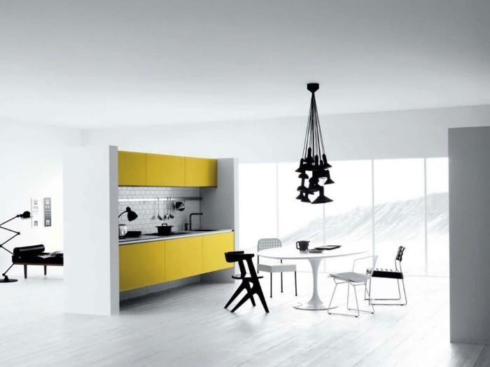 ζωντανές ιδέες κουζίνα μινιμαλιστικά κίτρινα ντουλάπια κουζίνας λευκό στρογγυλό τραπέζι