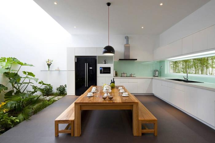 ζωντανές ιδέες κουζίνα πίσω τοίχος γυαλί ασυνήθιστο λευκό ντουλάπια κουζίνας ξύλινα έπιπλα