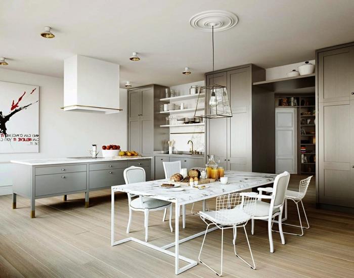 ιδέες διαβίωσης λευκές καρέκλες ανοιχτό γκρι ντουλάπια κουζίνας δροσερό φωτισμό