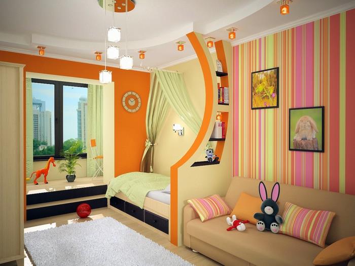 ιδέες διαβίωσης παιδικοί χώροι πορτοκαλί τοίχοι λευκό χαλί κρεμαστά φώτα
