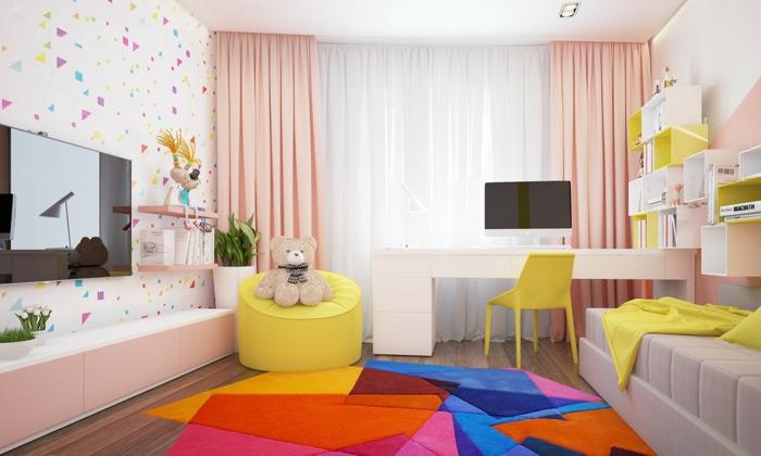 ζωντανές ιδέες παιδικό δωμάτιο χρωματιστό χαλί φρέσκος τοίχος σχεδιασμός κίτρινες πινελιές