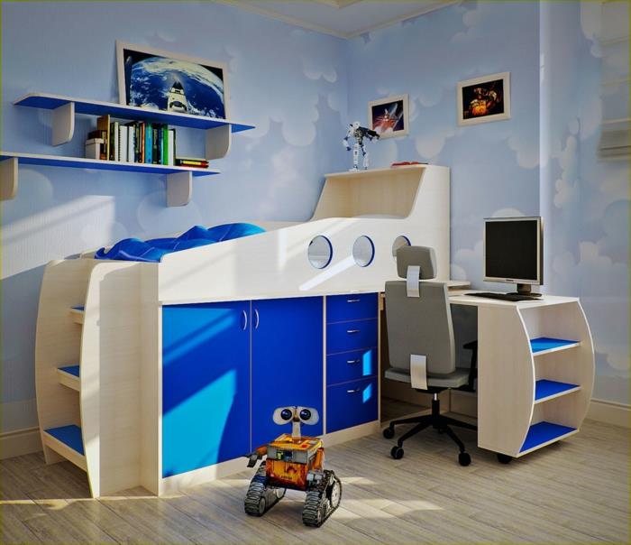 ζωντανές ιδέες παιδικό δωμάτιο αγόρια δωμάτιο μπλε τόνους ανοιχτά ράφια τοίχου