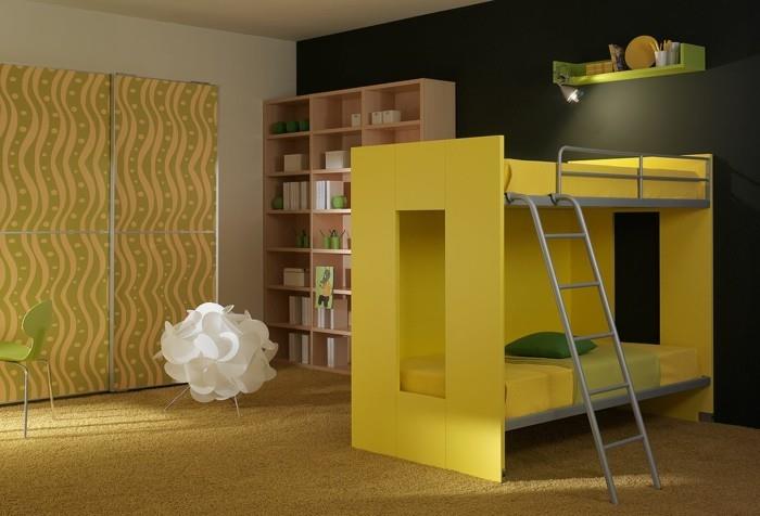 ιδέες διαβίωσης παιδικό δωμάτιο ψηλό κρεβάτι κίτρινο σχέδιο χαλί δαπέδου δροσερό φωτιστικό