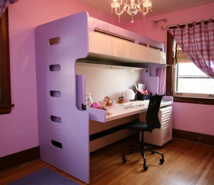 καθιστικές ιδέες παιδικό δωμάτιο παιδικό κρεβάτι σοφίτας μοβ ανοιχτό ροζ χρώμα τοίχου