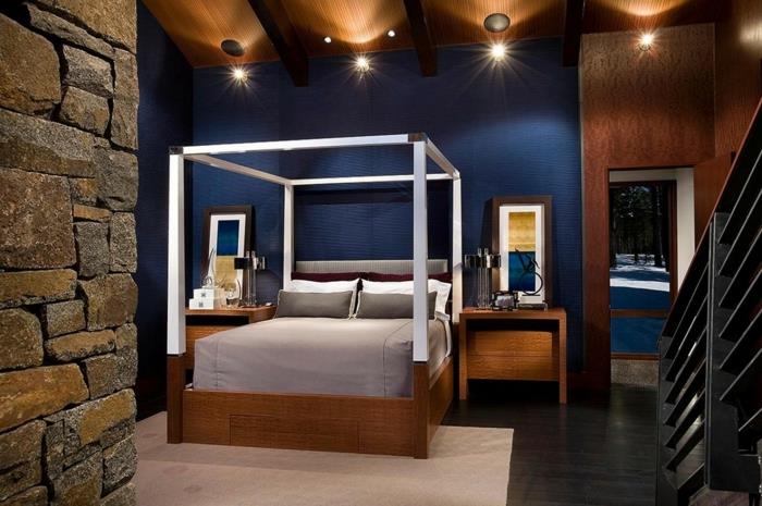 ιδέες διαβίωσης υπνοδωμάτια τόνους σκούρο μπλε φως χαλί κρεβάτι θόλος