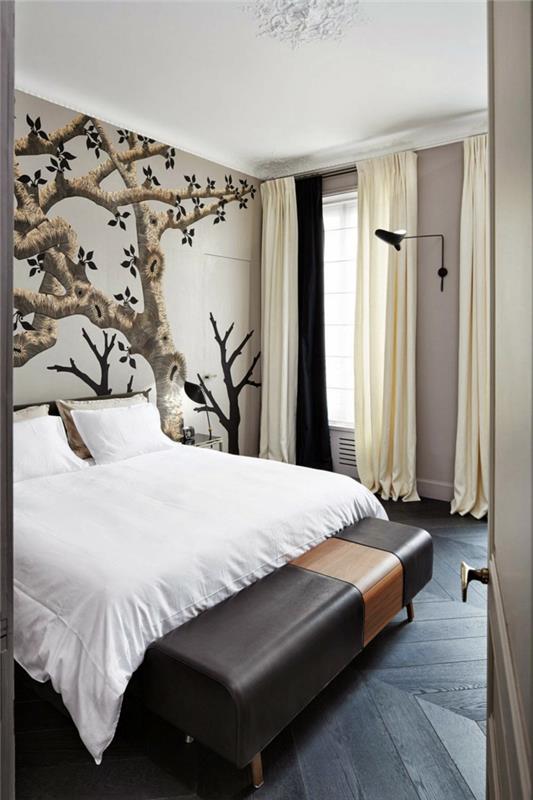 ιδέες διαβίωσης υπνοδωμάτιο προφορά τοίχου κλαδιά κρεβατοκάμαρα πάγκο δέρμα μαύρα πλακάκια δαπέδου