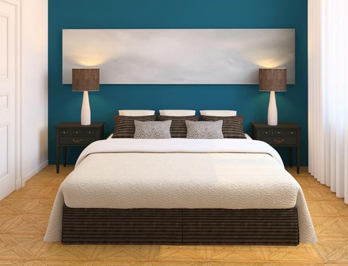 ιδέες διαβίωσης υπνοδωμάτιο μπλε προφορά τοίχου όμορφο δάπεδο ρίξτε μαξιλάρια