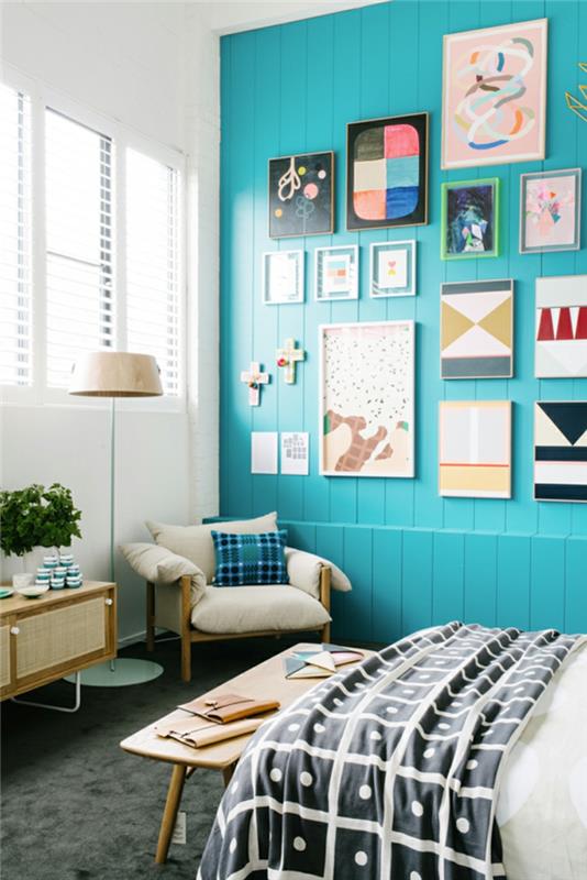 ζωντανές ιδέες υπνοδωμάτιο μπλε τοίχοι διακόσμηση τοίχων φυτά δείγματα υφάσματος