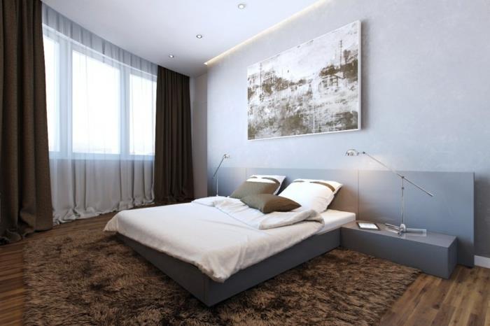 ιδέες διαβίωσης υπνοδωμάτιο καφέ χαλί διακόσμηση τοίχου λειτουργική επίπλωση μινιμαλιστική επίπλωση