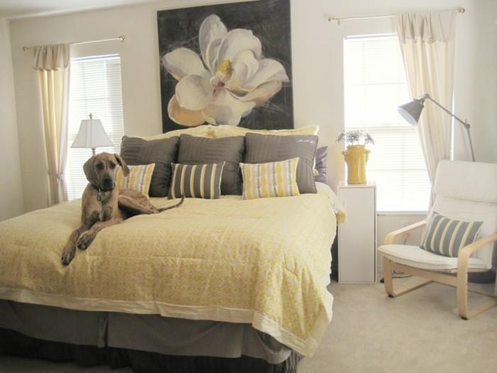 ιδέες διαβίωσης κρεβατοκάμαρα ντεκό ιδέες κίτρινο κρεβάτι χαλιά διακοσμητικά διακοσμητικά