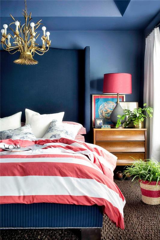 σαλόνι ιδέες κρεβατοκάμαρα σκούρο μπλε ριγέ κρεβάτι