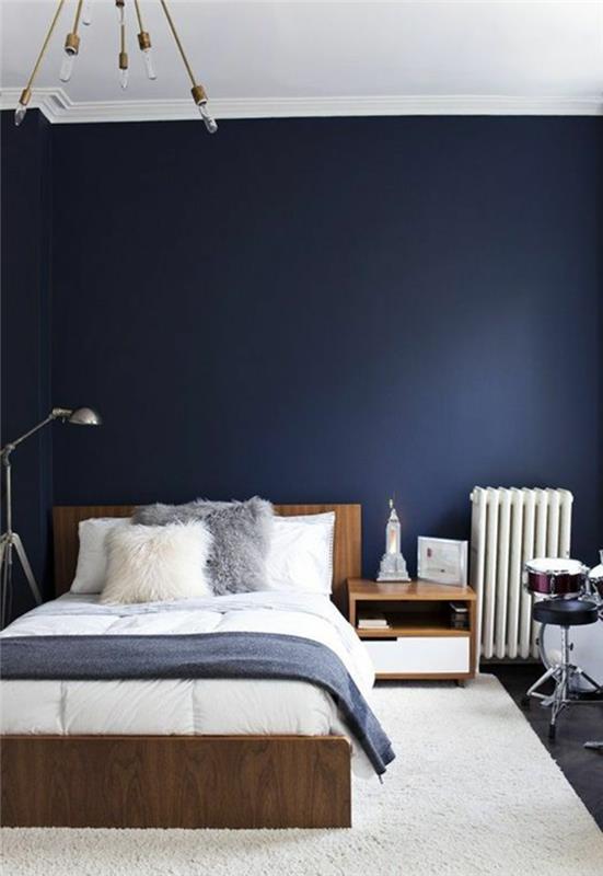 ιδέες διαβίωσης υπνοδωμάτιο σκούρο μπλε τοίχο λευκό χαλί