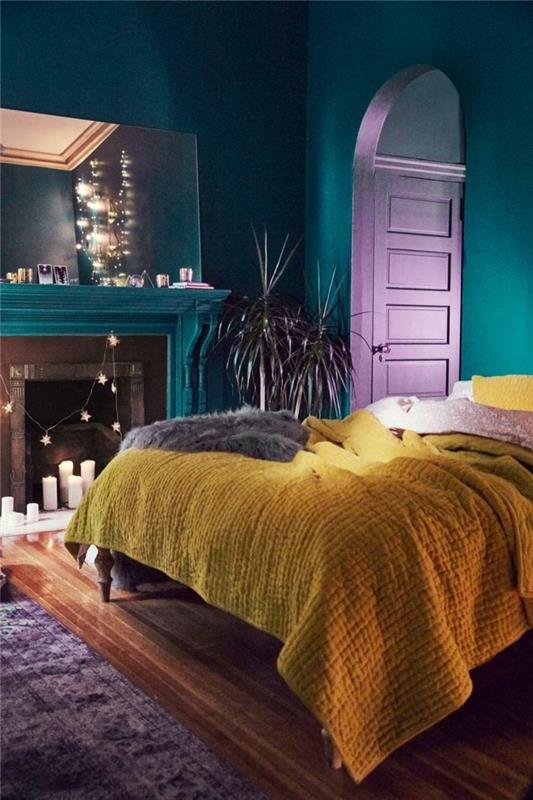 ιδέες διαβίωσης κρεβατοκάμαρα εκλεκτικά έπιπλα κίτρινα κλινοσκεπάσματα μοβ χαλί χρωματισμένοι τοίχοι