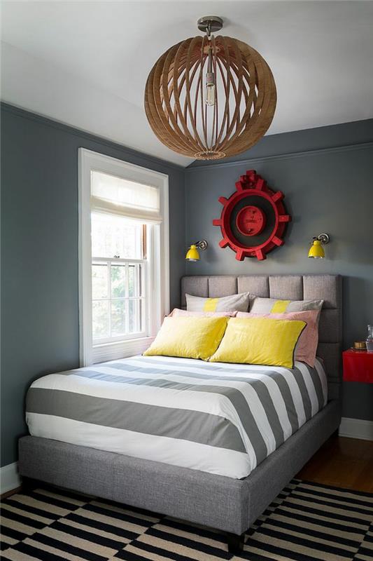 σαλόνι ιδέες κρεβατοκάμαρα χρωματιστές προφορές γκρι τοίχοι ριγέ χαλί μικρό δωμάτιο