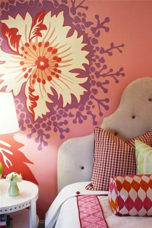 σαλόνι ιδέες κρεβατοκάμαρα χρωματιστά ρίξτε μαξιλάρια σχέδιο λουλουδιών τοίχου