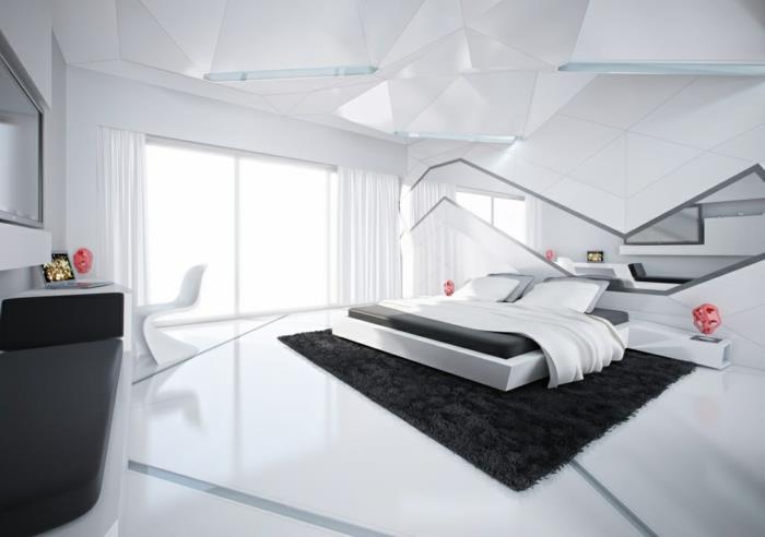 ιδέες διαβίωσης κρεβατοκάμαρα φουτουριστικό μαύρο χαλί λευκό πάτωμα