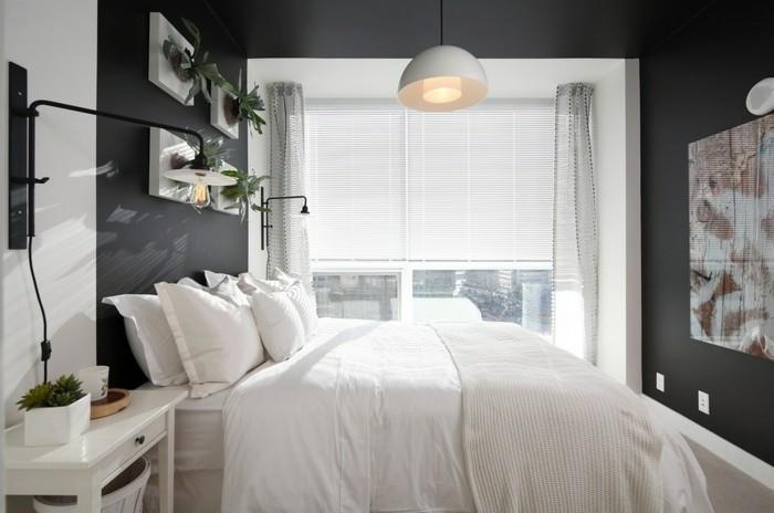 ιδέες διαβίωσης υπνοδωμάτιο γκρι χρώμα τοίχου και λευκά κλινοσκεπάσματα