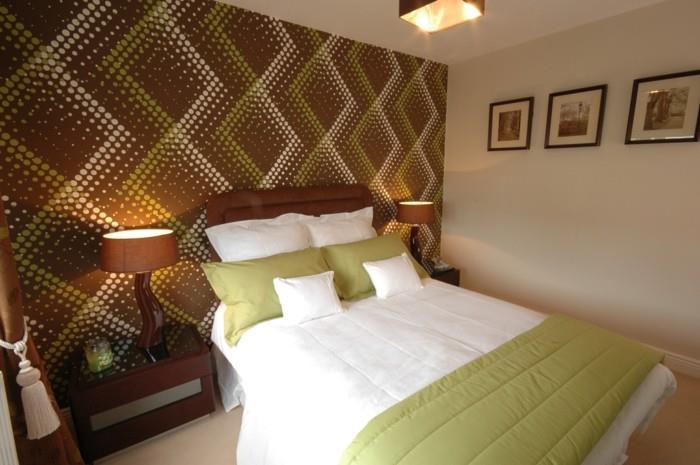 ζωντανές ιδέες υπνοδωμάτιο πράσινες προφορές όμορφη διακόσμηση τοίχου επιτραπέζια φωτιστικά