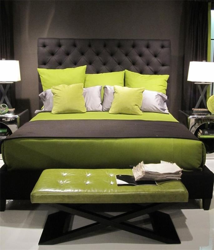 ιδέες διαβίωσης υπνοδωμάτιο πράσινο ρίξτε μαξιλάρια πάγκος κρεβατοκάμαρας ελαφρύ μοκέτα δαπέδου