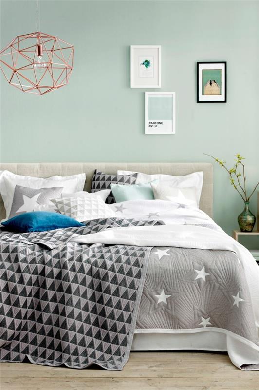 ιδέες διαβίωσης υπνοδωμάτιο ανοιχτό πράσινοι τοίχοι γκρι κρεβάτια αστέρια
