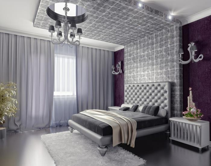 ιδέες διαβίωσης υπνοδωμάτιο πολυτελές μοβ προφορά τοίχου ανοιχτό γκρι κουρτίνες