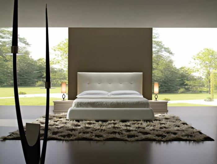 ιδέες διαβίωσης υπνοδωμάτιο μινιμαλιστικό κρεβάτι φανταχτερά επιτραπέζια φώτα χαλιού