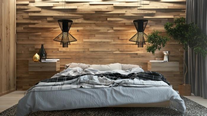 ιδέες διαβίωσης υπνοδωμάτιο μοντέρνος χώρος ύπνου με ξύλινα πάνελ και μαύρα κρεμαστά φωτιστικά