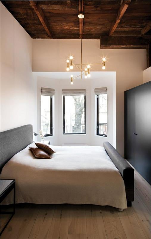 ιδέες διαβίωσης υπνοδωμάτιο με ξύλο και όμορφο πολυέλαιο