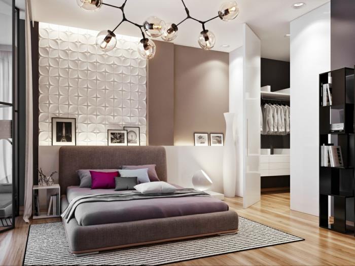 ιδέες διαβίωσης υπνοδωμάτιο όμορφο σχέδιο τοίχου πολυέλαιος ριγέ χαλί