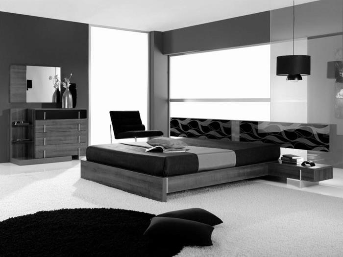 ιδέες διαβίωσης υπνοδωμάτιο μαύροι λευκοί σκούροι τοίχοι ελαφρύς χαλί καθρέφτης τοίχου