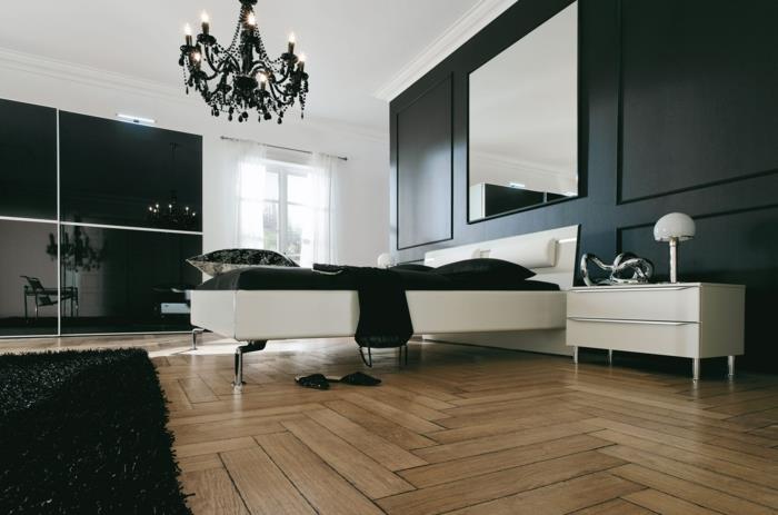 ιδέες σαλονιού υπνοδωμάτιο μαύρος λευκός ξύλινος πολυέλαιος δαπέδου