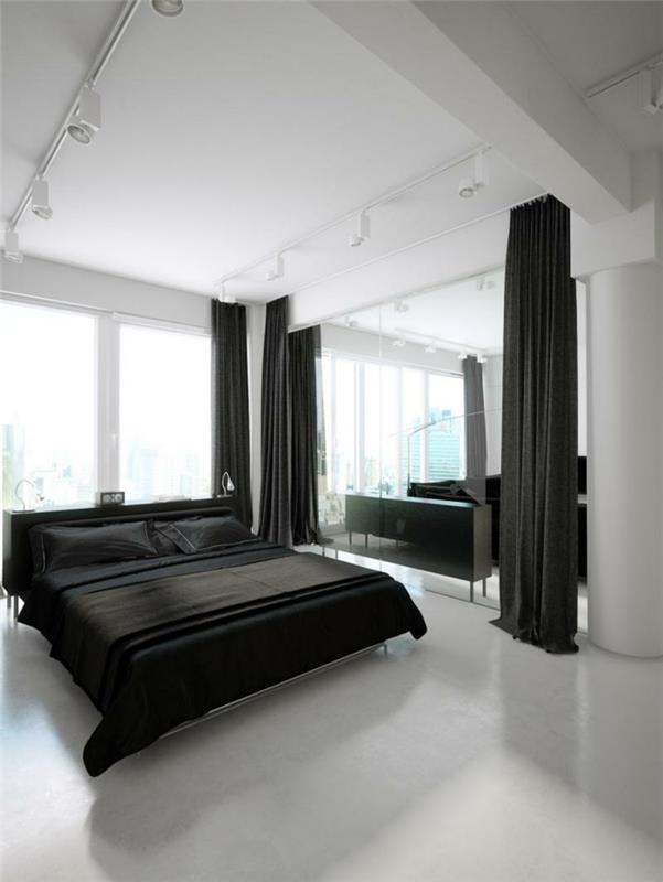 ιδέες σπιτιού κρεβατοκάμαρα μαύρες κουρτίνες λευκό καθρέφτη δαπέδου