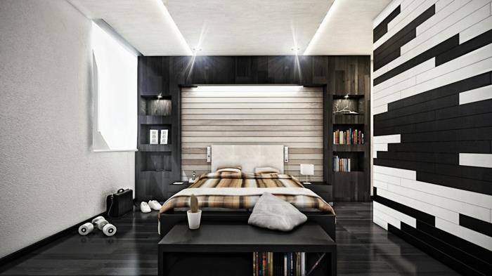 ιδέες διαβίωσης υπνοδωμάτιο μαύρο δάπεδο όμορφο σχέδιο τοίχου