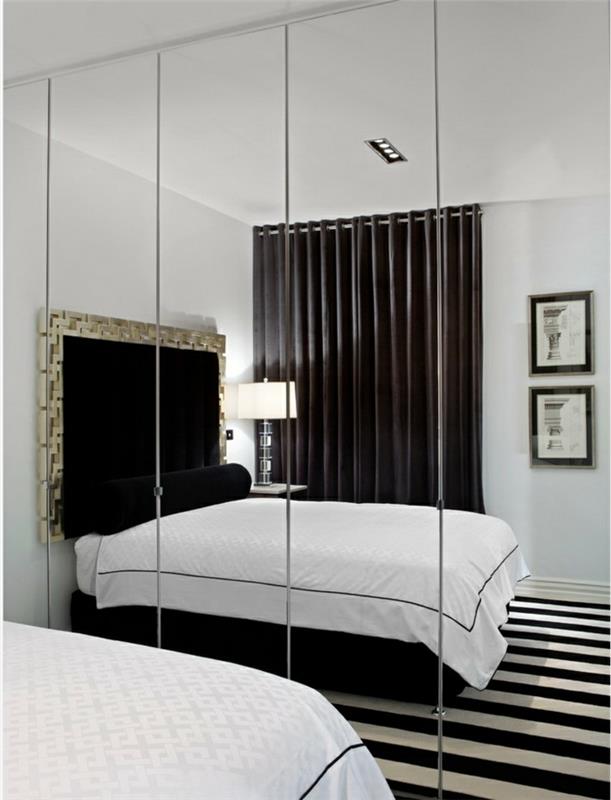ιδέες διαβίωσης υπνοδωμάτιο μαύρο κρεβάτι ριγέ χαλί καθρέφτη