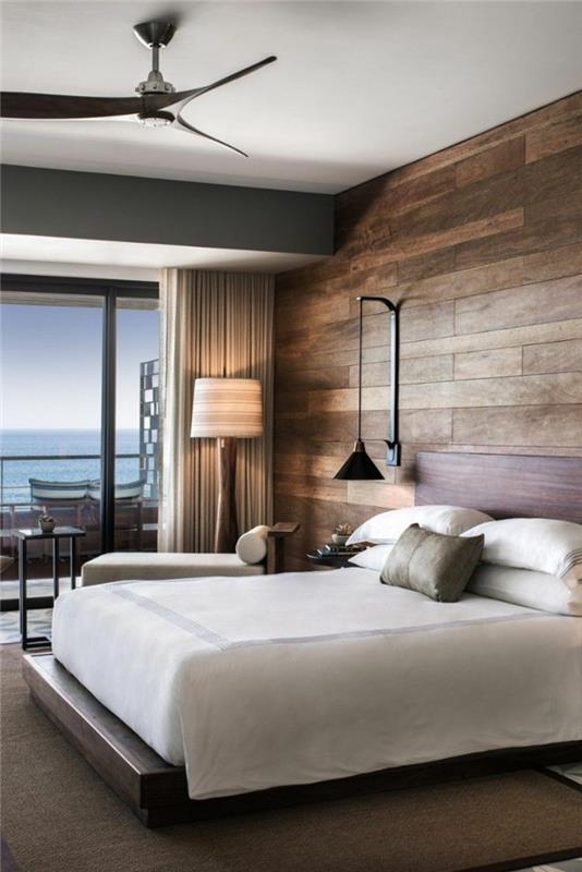 ιδέες για υπνοδωμάτια σαλόνι κομψά χαλιά και ξύλινα πάνελ για τον τοίχο