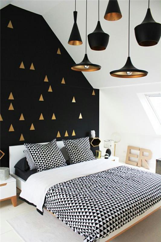 σαλόνι ιδέες υπνοδωμάτιο λευκό μαύρο δροσερό κρεμαστό τοίχο φώτα κρεβατιών