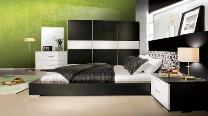 ιδέες διαβίωσης υπνοδωμάτιο λευκοί μαύροι πράσινοι τοίχοι ελαφριά πλακάκια δαπέδου
