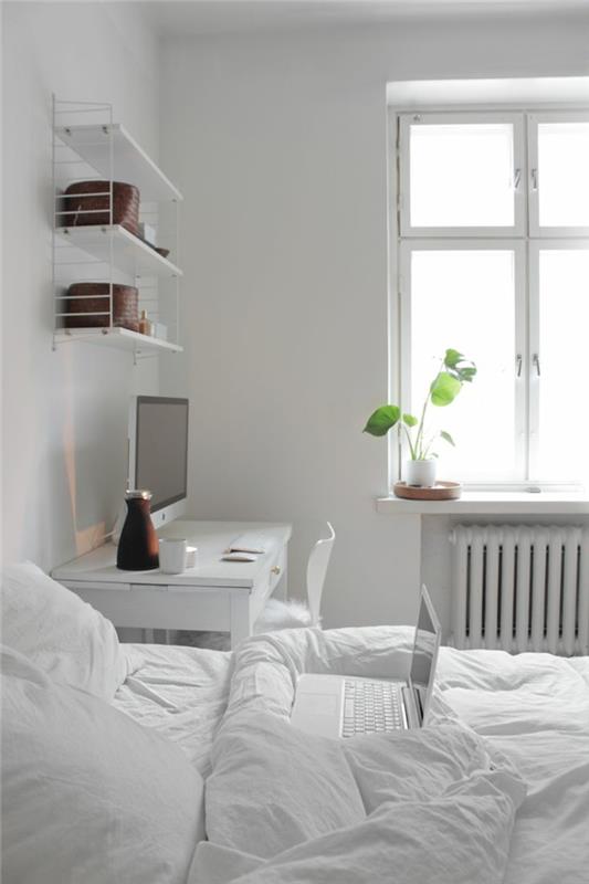 ιδέες διαβίωσης υπνοδωμάτιο λευκός τοίχος σχεδιασμός φυτών τοίχων ράφια