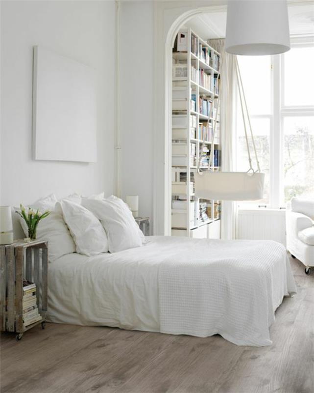ιδέες διαβίωσης υπνοδωμάτιο λευκοί τοίχοι ξύλινο πάτωμα ρουστίκ κομοδίνο