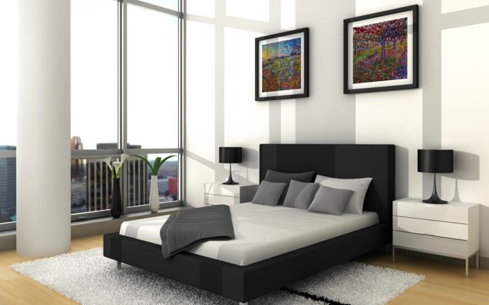 ιδέες διαβίωσης υπνοδωμάτιο λευκοί τοίχοι εικόνα παράθυρο μαύρο κρεβάτι