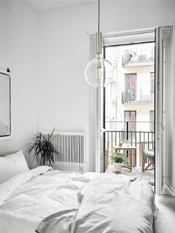 ιδέες διαβίωσης υπνοδωμάτιο λευκοί τοίχοι φυτό κρεμαστό φως φρέσκο