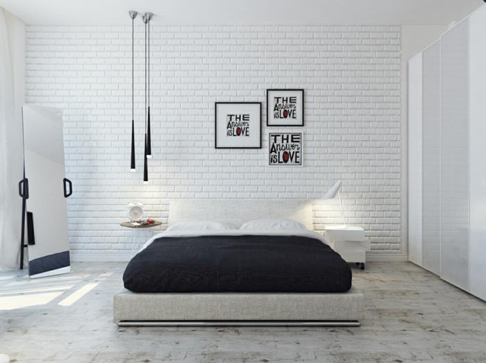 ιδέες διαβίωσης κρεβατοκάμαρα τοίχο από τούβλα μαύρα κρεμαστά φώτα δροσερό πάτωμα