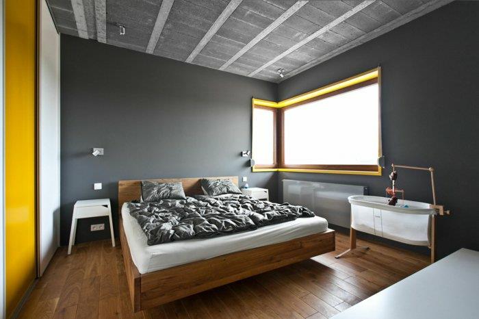 ιδέες διαβίωσης υπνοδωμάτιο σχεδιασμός γκρι τοίχο χρώμα κίτρινο τόνους