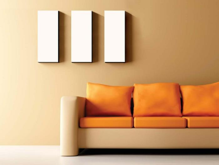 ιδέες διαβίωσης τοίχοι σαλονιού μπεζ πορτοκαλί ρίξτε μαξιλάρια