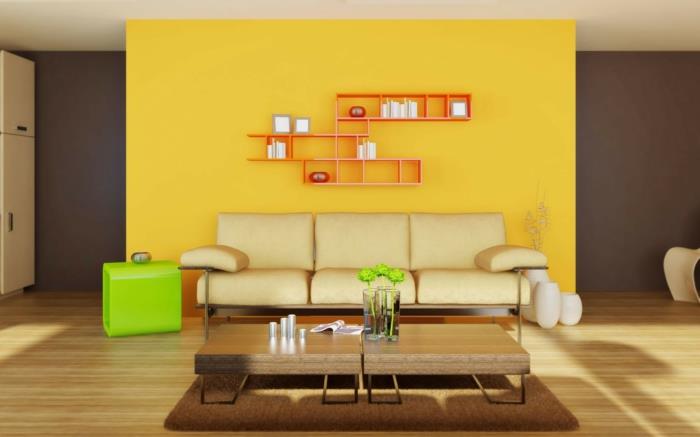 σαλόνι σαλόνι μπεζ καναπές καφέ χαλί κίτρινος τοίχος
