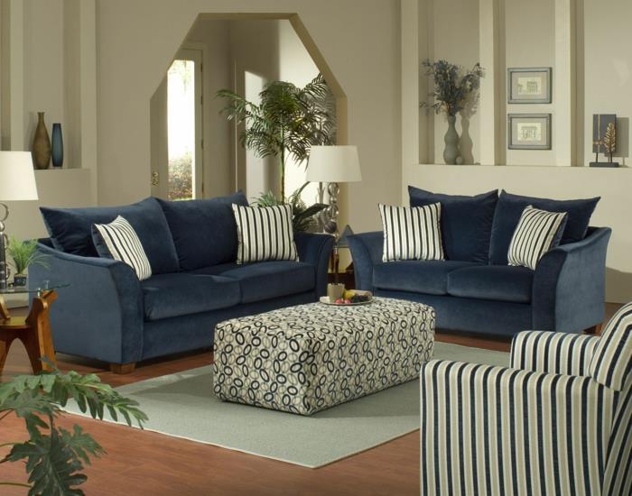 σαλόνι μπλε καναπέδες ρίχνουν μαξιλάρια ρίγες