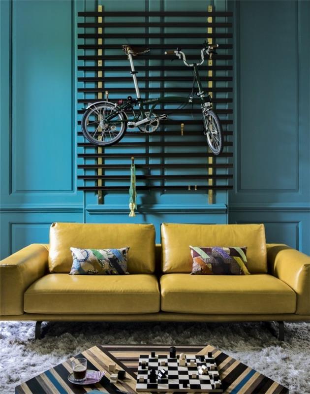ιδέες διαβίωσης σαλόνι μπλε τοίχοι κίτρινος καναπές δροσερό τραπεζάκι σαλονιού