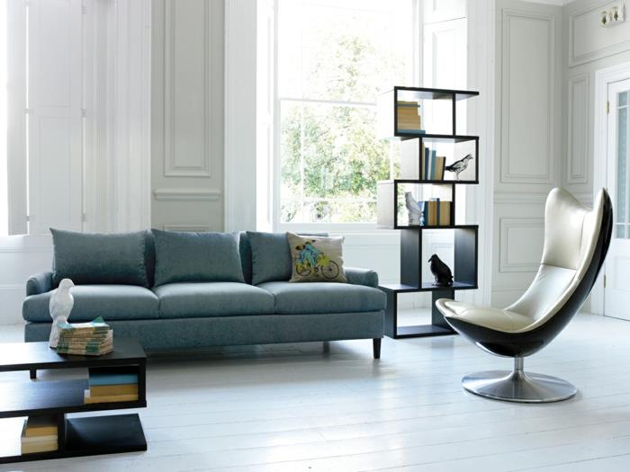 ιδέες διαβίωσης σαλόνι μπλε καναπές μοντέρνα ράφια πολυθρόνας
