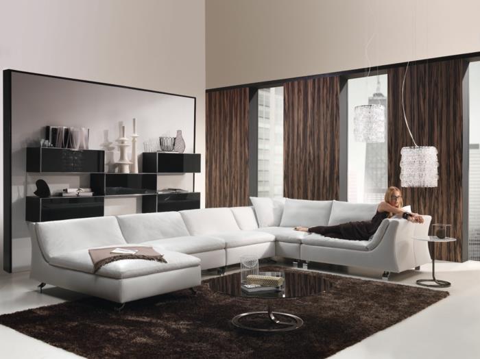 ιδέες διαβίωσης σαλόνι καφέ χαλί λευκός καναπές στρογγυλό τραπεζάκι σαλονιού